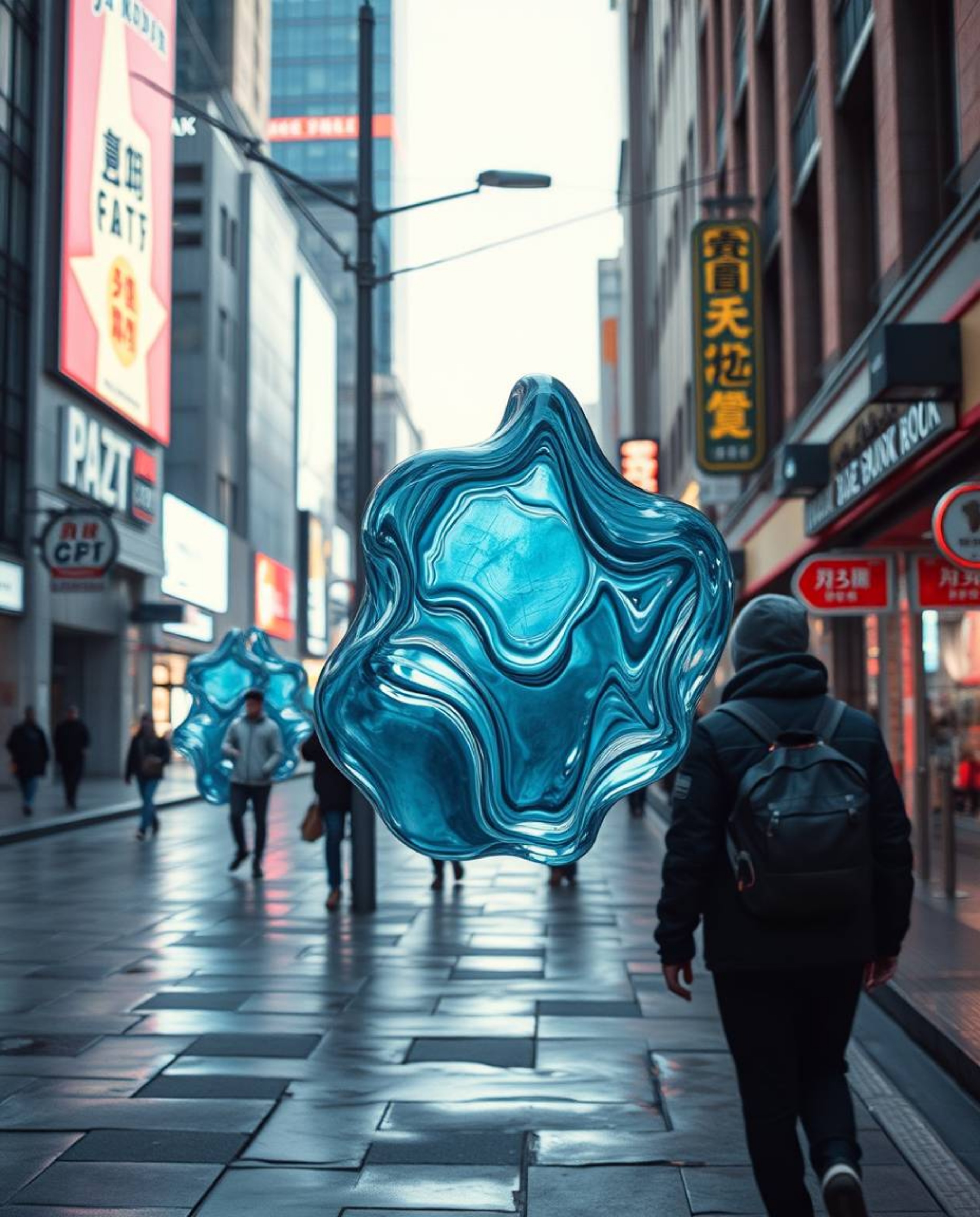 A captivating street photography image showcasing surreal 3D fluid shapes reminiscent of melted glass, rendered in a dramatic