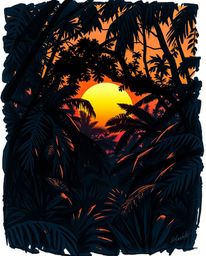 A hand-drawn sketch in a color sketchnote style depicts a sunset viewed through a dense jungle canopy. The scene is character