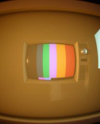 An extreme macro close-up reveals a retro-style TV screen glitch with striking RGB separation.  Soft lighting and a muted pal