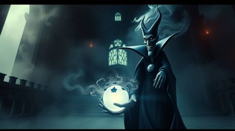 A dreamlike, surreal image depicts a classic Disney villain casting a spell in an old castle.  The scene features a distinct 