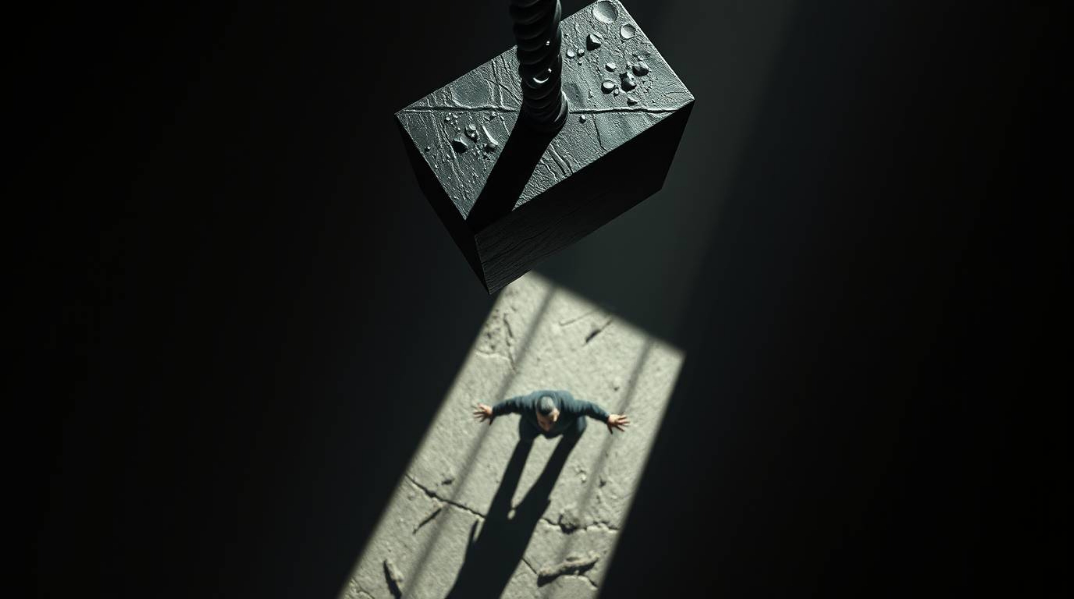 A dramatic high-angle shot captures a trickster character in intense jet black, moments before an anvil's imminent impact, cr