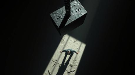 A dramatic high-angle shot captures a trickster character in intense jet black, moments before an anvil's imminent impact, cr