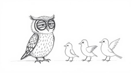 A heartwarming hand-drawn sketch in a Pixar style depicts a blind owl patiently guiding several birds, each sketching their u