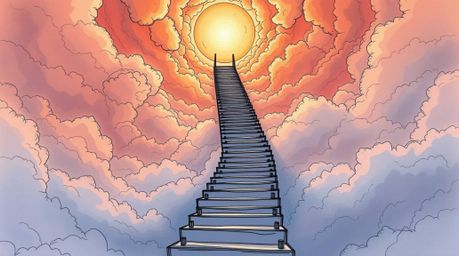 Experience a journey of spiritual awakening through this epic hand-drawn sketch. A surreal stairway winds through smoky cloud