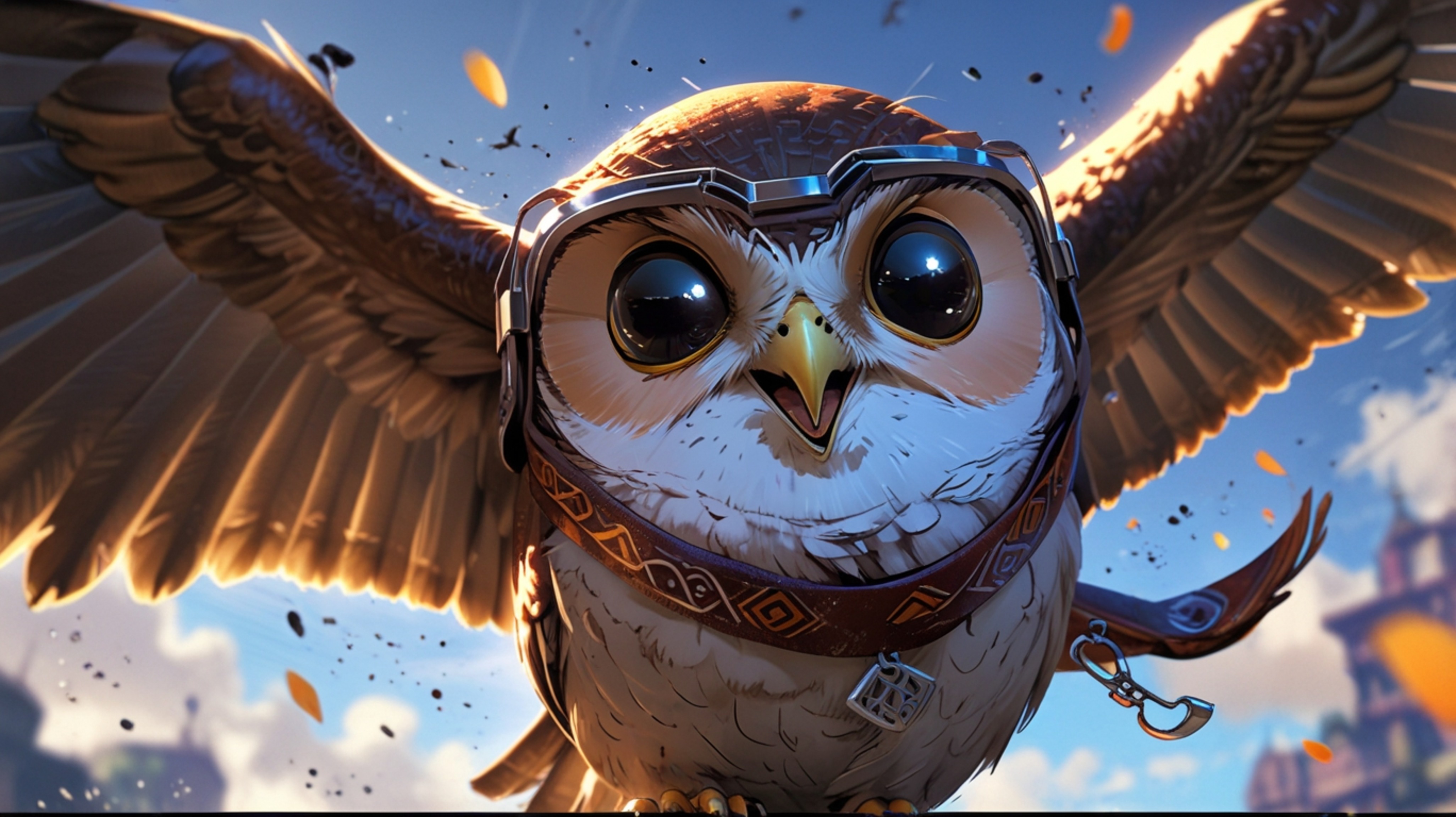 In a delightful and whimsical scene, rendered in a charming blend of Pixar and anime styles, a wise blind owl takes on the ro