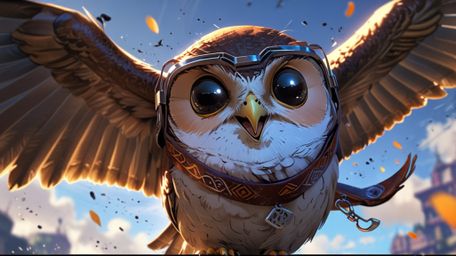 In a delightful and whimsical scene, rendered in a charming blend of Pixar and anime styles, a wise blind owl takes on the ro
