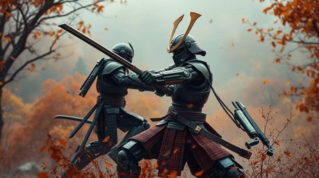 Experience the clash of tradition and technology in a dystopian future with a samurai warrior battling a formidable robot. Ba
