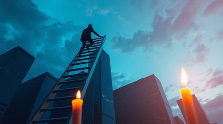 An abstract image depicts a businessperson ascending a transparent ladder disappearing into a vibrant blue sky above towering