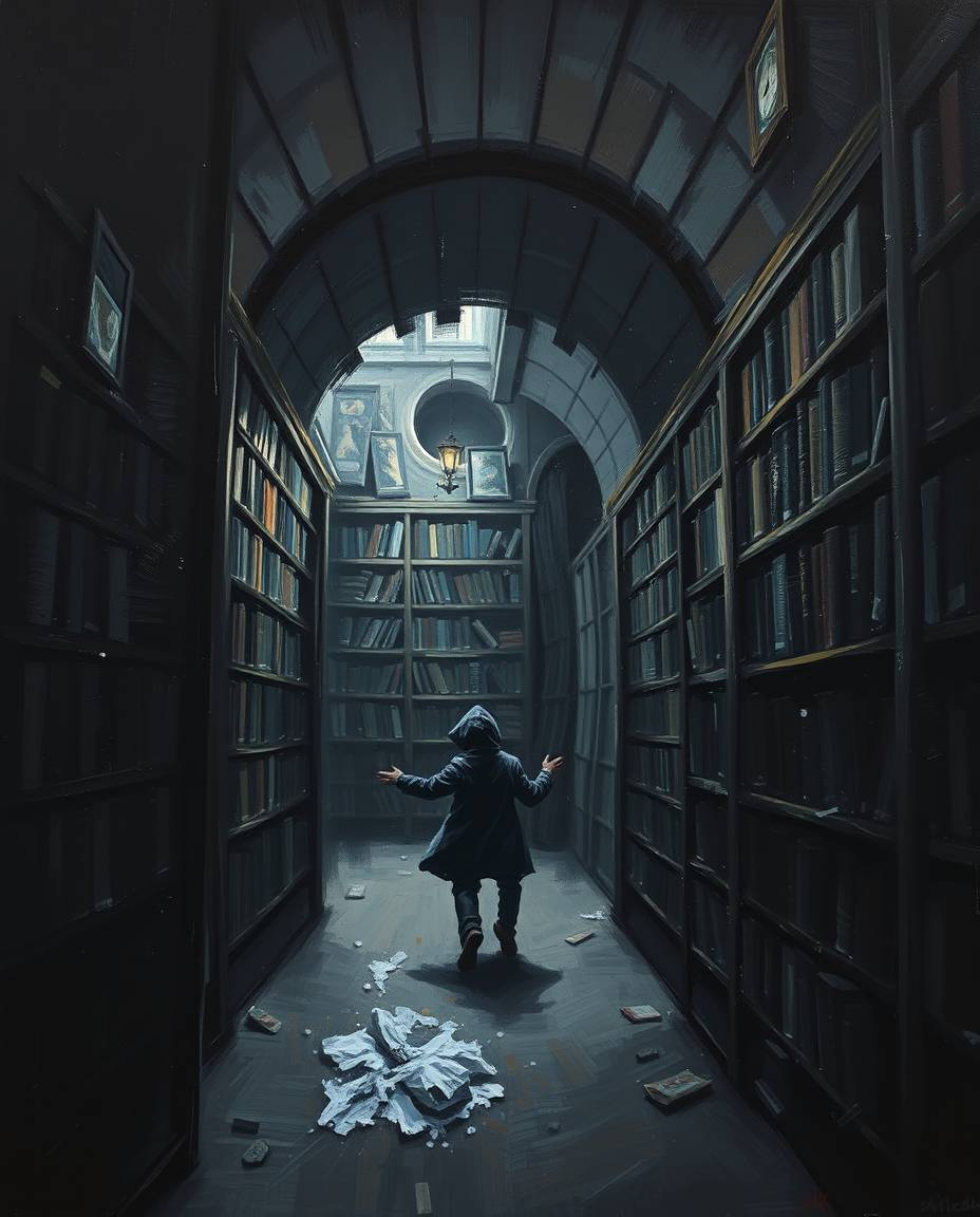 A classic oil painting style vividly depicts a person's captivating discovery of a hidden underground library. The intense je