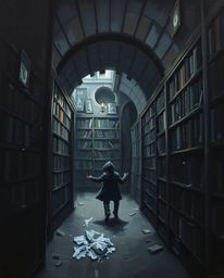 A classic oil painting style vividly depicts a person's captivating discovery of a hidden underground library. The intense je