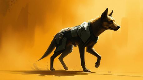Experience a vision of the future with a futuristic dog taking a leisurely space walk. This artwork is rendered in a dynamic 