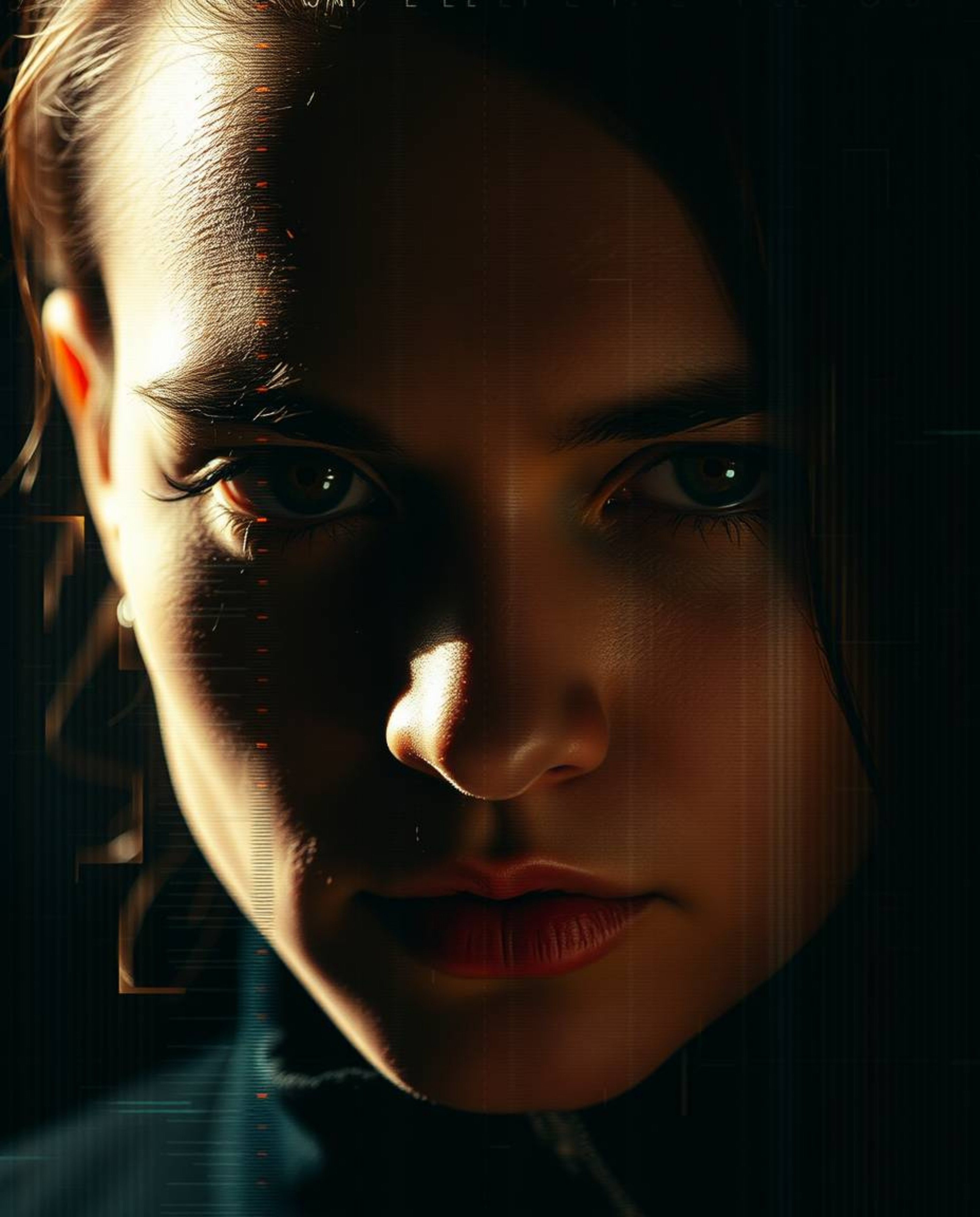 Explore the fascinating realm of digital glitch art with these captivating portraits. Featuring strong hard lighting, tight c