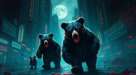 A bear family embarks on an unsettling urban adventure through a city steeped in an eerie and creepy atmosphere. The scene is