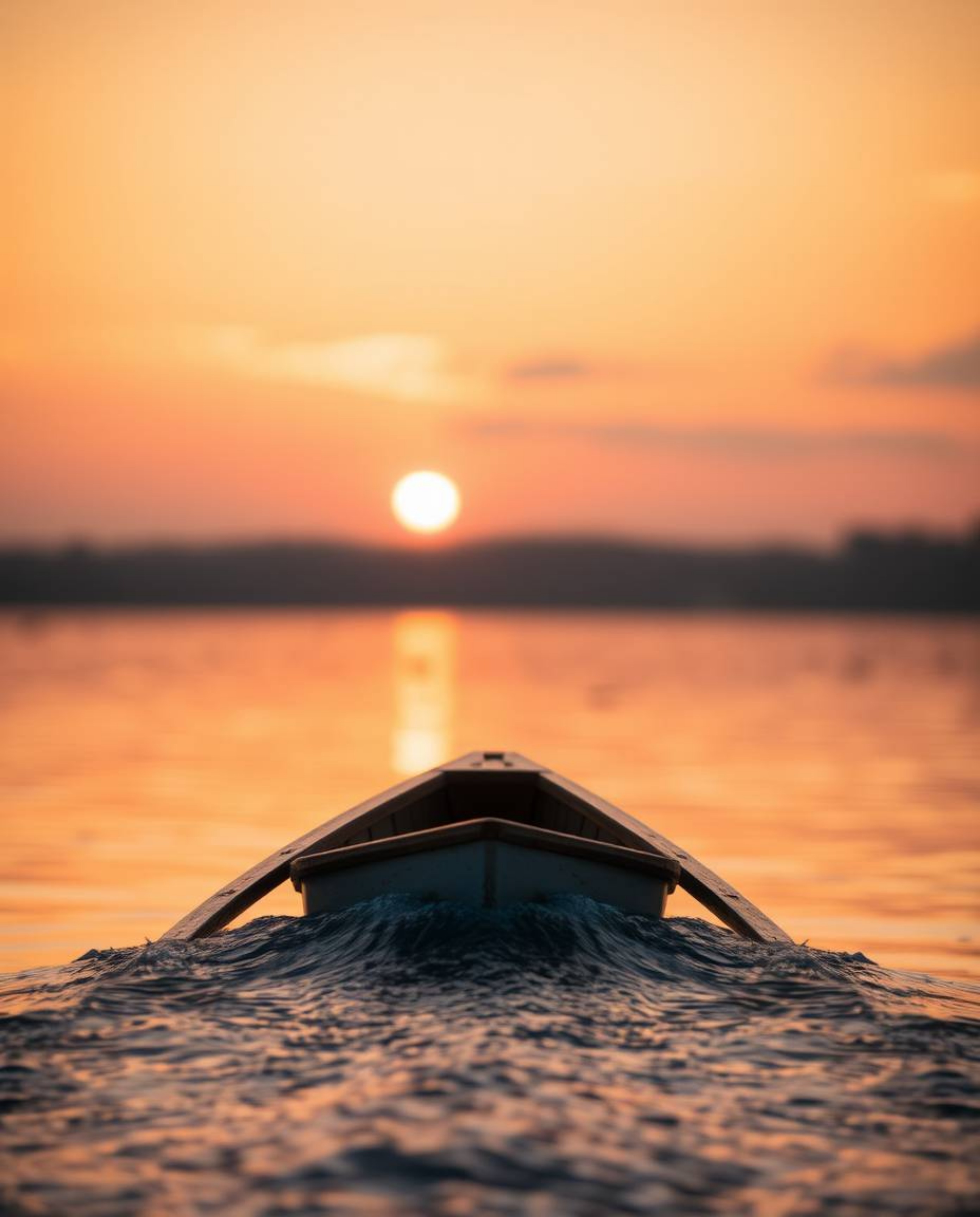 A photograph depicts a boat adrift on a softly lit sunset lake. The image features a sharp focus on the boat, beautifully con
