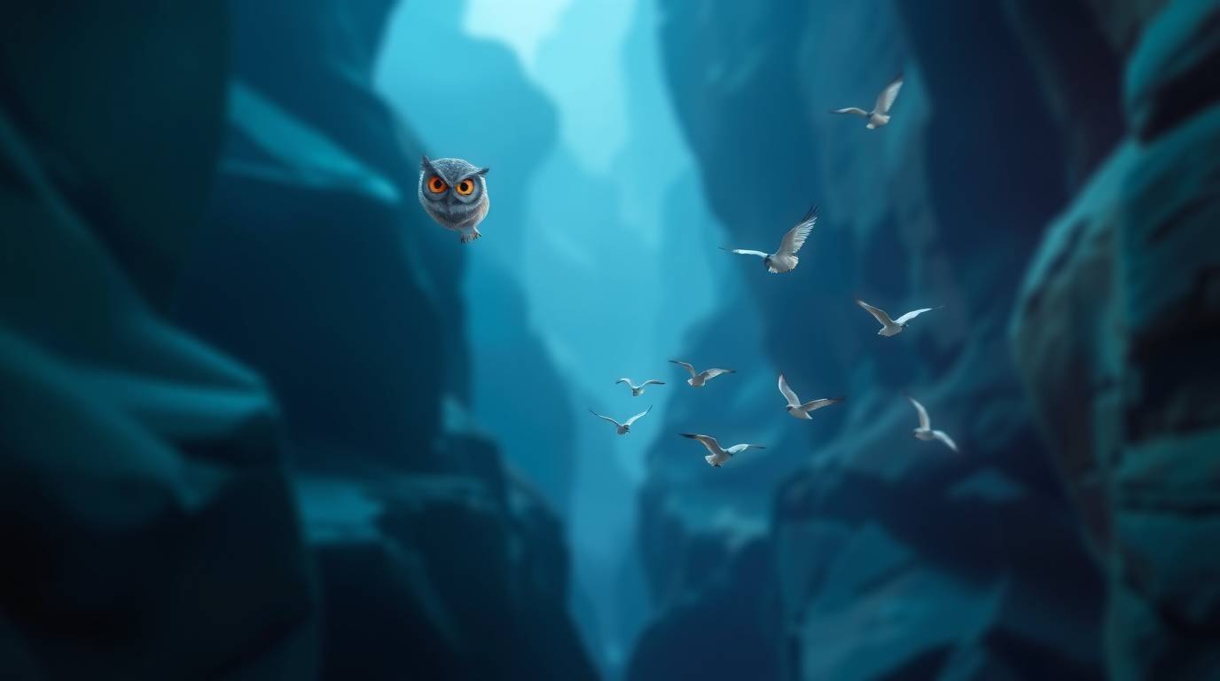 This long exposure photo, rendered in a charming Pixar style, features a blind, wise-looking owl guiding small birds in fligh