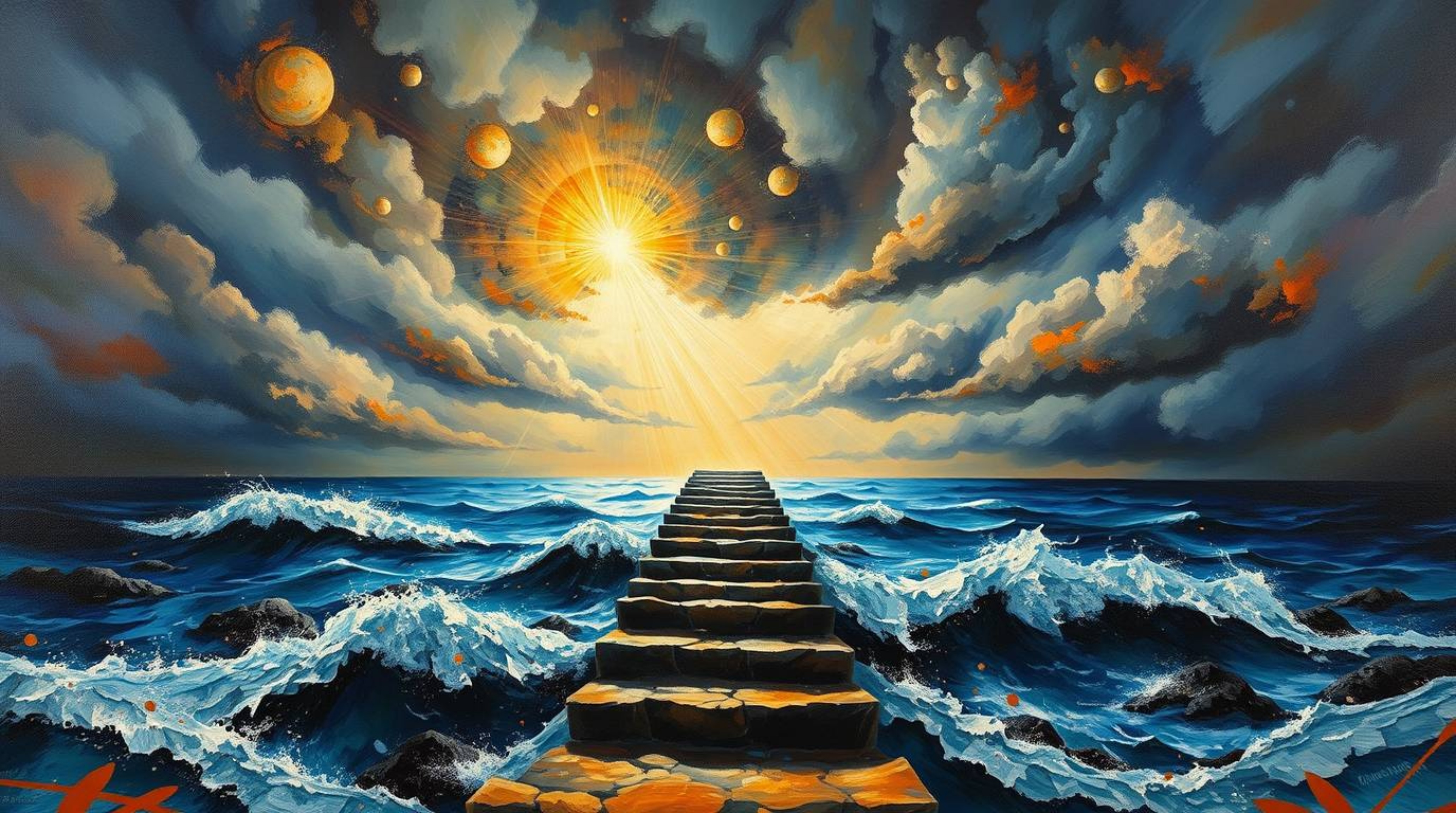 This oil painting captures a dramatic scene of a staircase emerging from the ocean, reaching towards a stormy sky illuminated