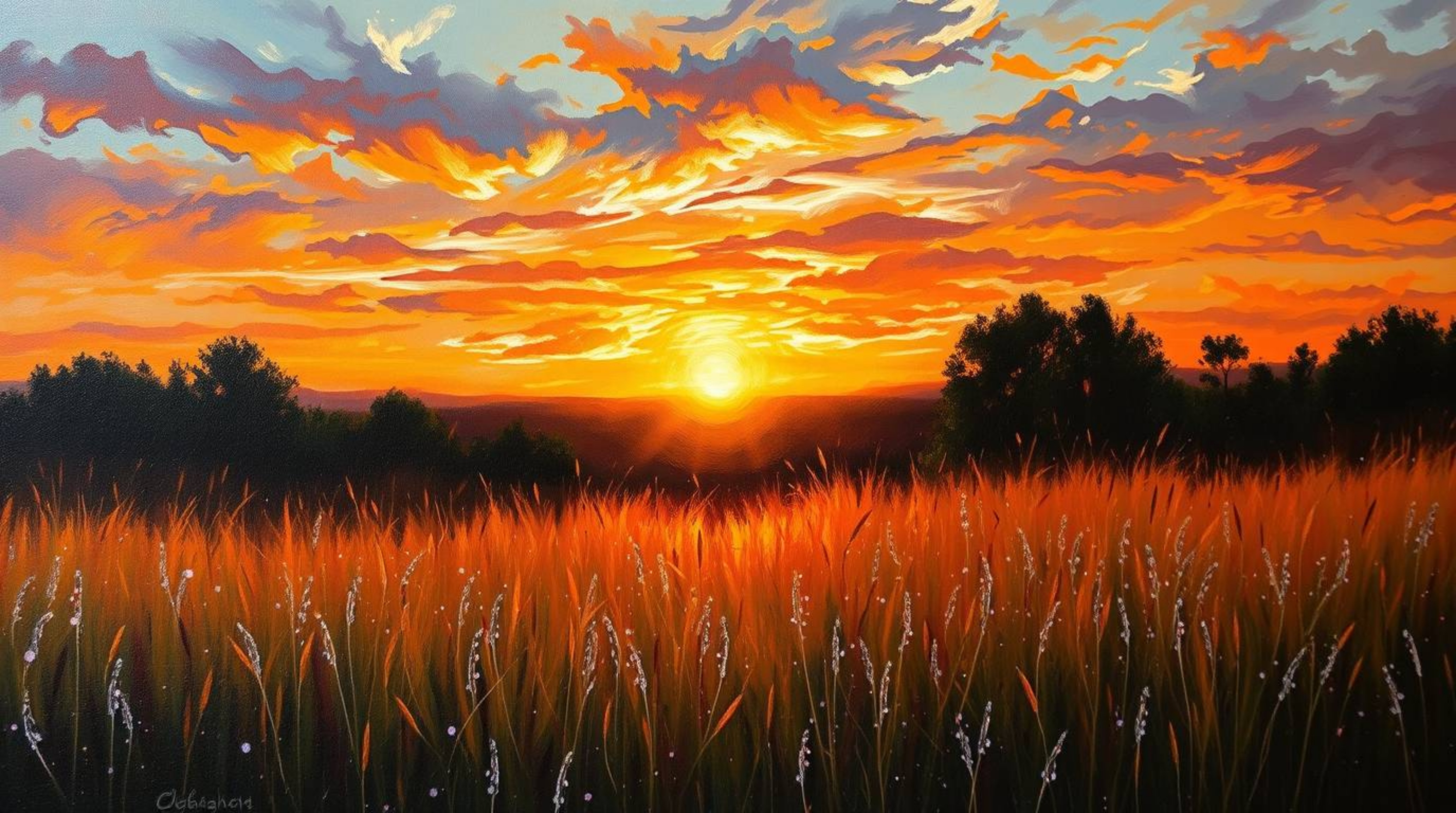 This classic oil painting captures the serene beauty of a sunset over a quiet meadow, illuminated by the gentle glow of emerg