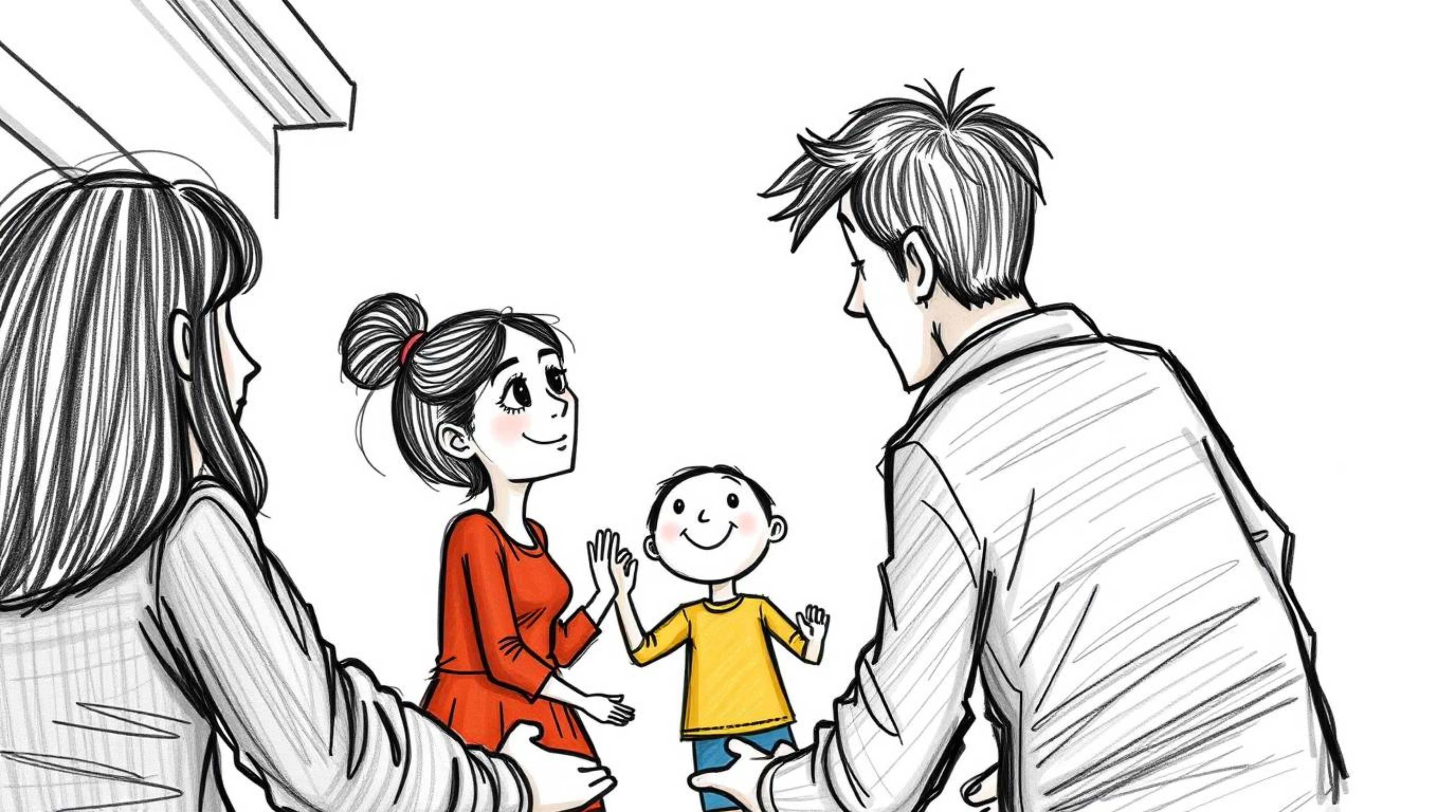 Experience a heartwarming family reunion depicted in a hand-drawn Pixar-style sketch. This high-angle perspective captures th