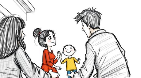 Experience a heartwarming family reunion depicted in a hand-drawn Pixar-style sketch. This high-angle perspective captures th