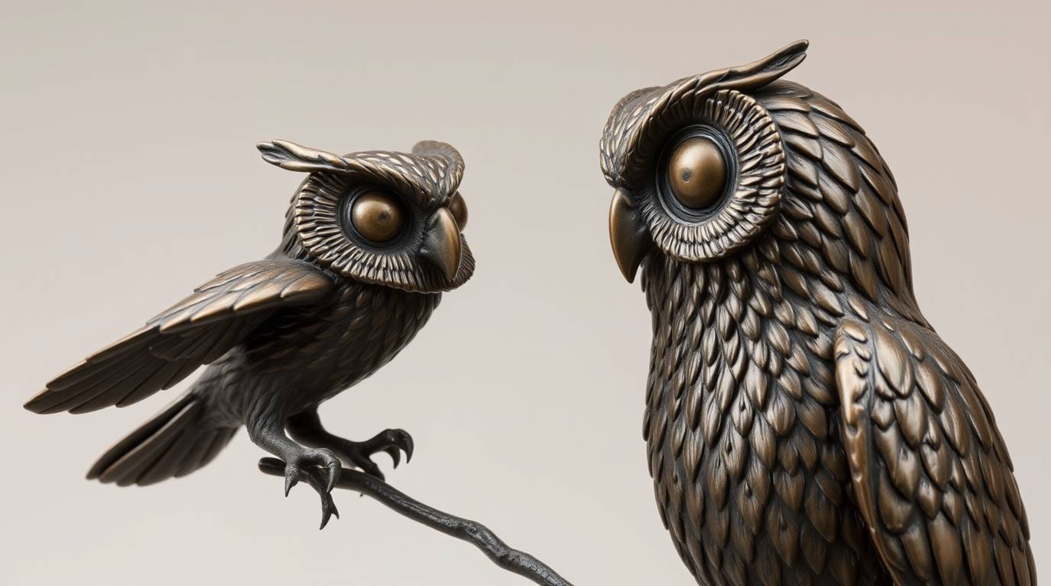 This captivating bronze sculpture depicts a blind owl, rendered in the iconic Pixar style, passionately teaching birds how to