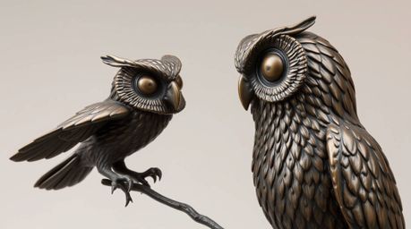 This captivating bronze sculpture depicts a blind owl, rendered in the iconic Pixar style, passionately teaching birds how to