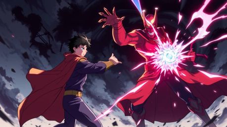 A captivating Isekai-style anime illustration showcases a dramatic showdown between a caped superhero and a comically silly v