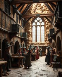 Step into a magical school brimming with young wizards, bathed in natural earth tones of browns and beiges, and rendered with