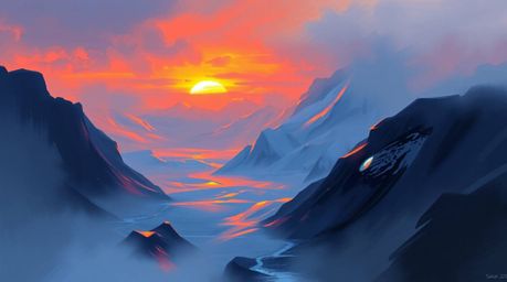 Explore a stunning digital painting featuring a captivating sunset over icy glaciers in the polar region.  This artwork utili