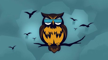 A captivating geometric logo featuring a blind owl, rendered in a Pixar style, passionately teaching birds to fly amidst a dr