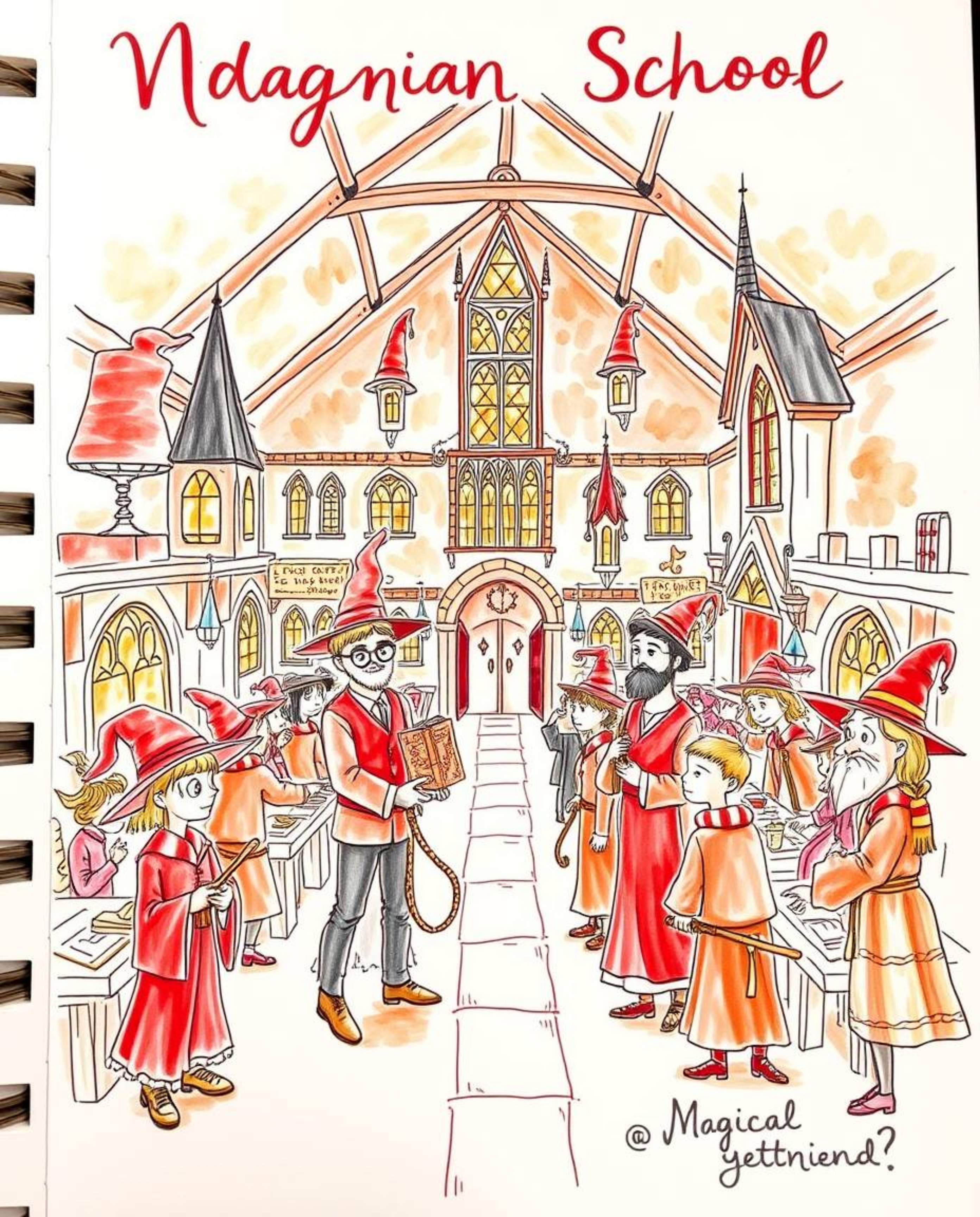 A vibrant, hand-drawn color sketchnote captures the enchanting atmosphere of a magical school teeming with young wizards. The