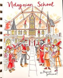 A vibrant, hand-drawn color sketchnote captures the enchanting atmosphere of a magical school teeming with young wizards. The