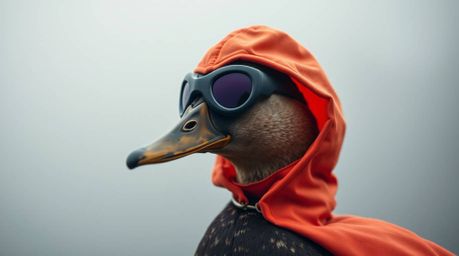 A captivating close-up shot features a duck donned in a zany superhero costume, braving thick fog and low visibility. The det