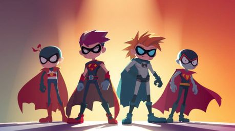 A captivating illustration showcases a team of misfit heroes, dramatically lit with strong hard light.  The smooth gradient t