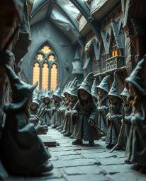 Discover breathtaking sculptural clay art depicting a magical school brimming with young wizards.  The dramatic cinematic sty