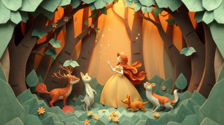 Immerse yourself in a dreamlike world where a princess sings with forest animals in a captivating vintage 2D animation style.