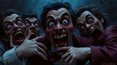 A darkly comedic scene unfolds, showcasing exaggerated expressions in a rich burgundy and deep blue color palette.  The unset
