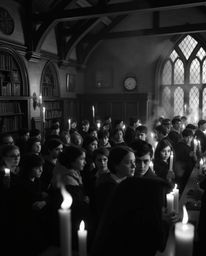 A captivating black and white photograph depicting a magical school brimming with young wizards.  Illuminated by the warm glo