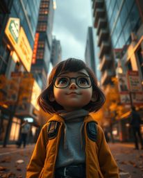Explore a captivating low-angle perspective of a young inventor girl residing in a vibrant, futuristic city. Rendered in a ch
