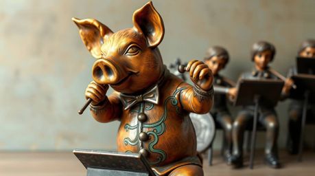 A captivating bronze sculpture depicts a pig character conducting an orchestra.  The warm terracotta and cool teal colors cre
