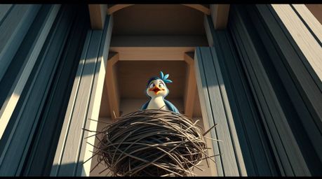 Capture the essence of architectural precision with dramatic cinematic flair. Witness two cartoon birds diligently building