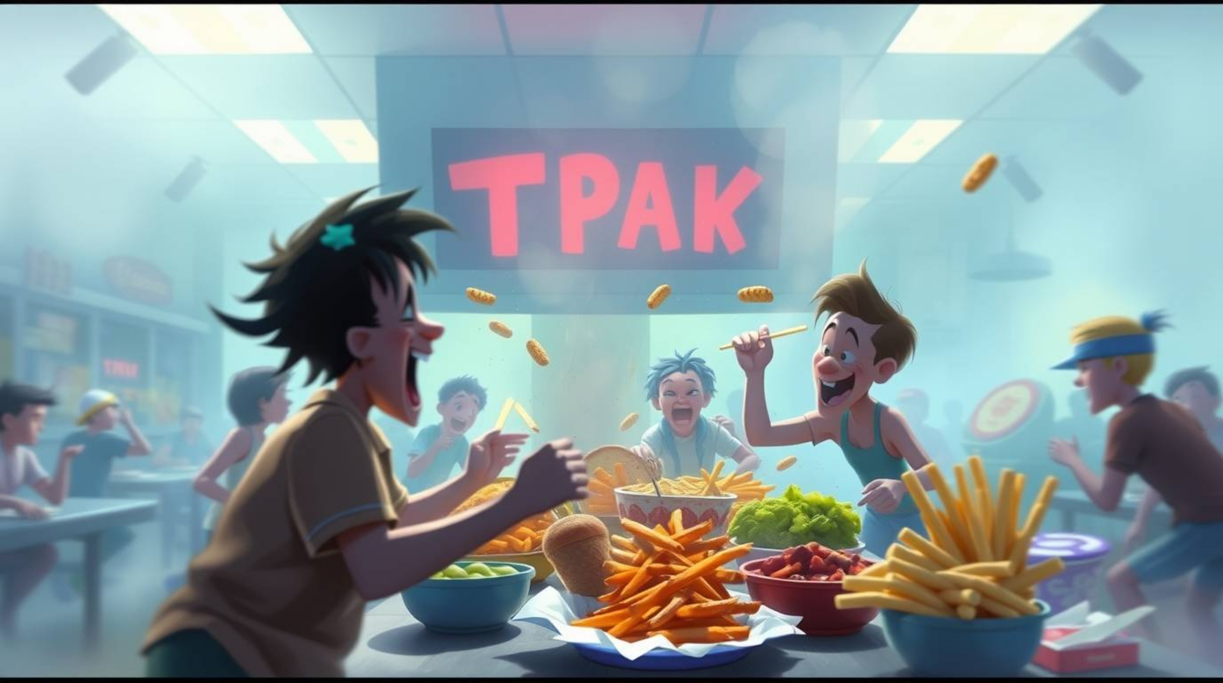A whimsical digital painting depicts a chaotic food fight in a cartoon cafeteria.  The scene is rendered with a soft cinemati