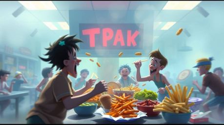 A whimsical digital painting depicts a chaotic food fight in a cartoon cafeteria.  The scene is rendered with a soft cinemati