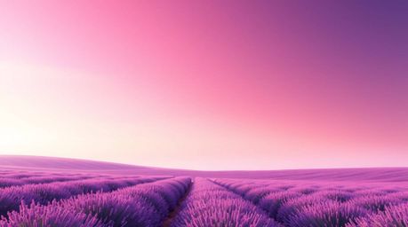 Experience the serene beauty of lavender fields bathed in a dreamy pink sky, captured with a smooth gradient transition and e
