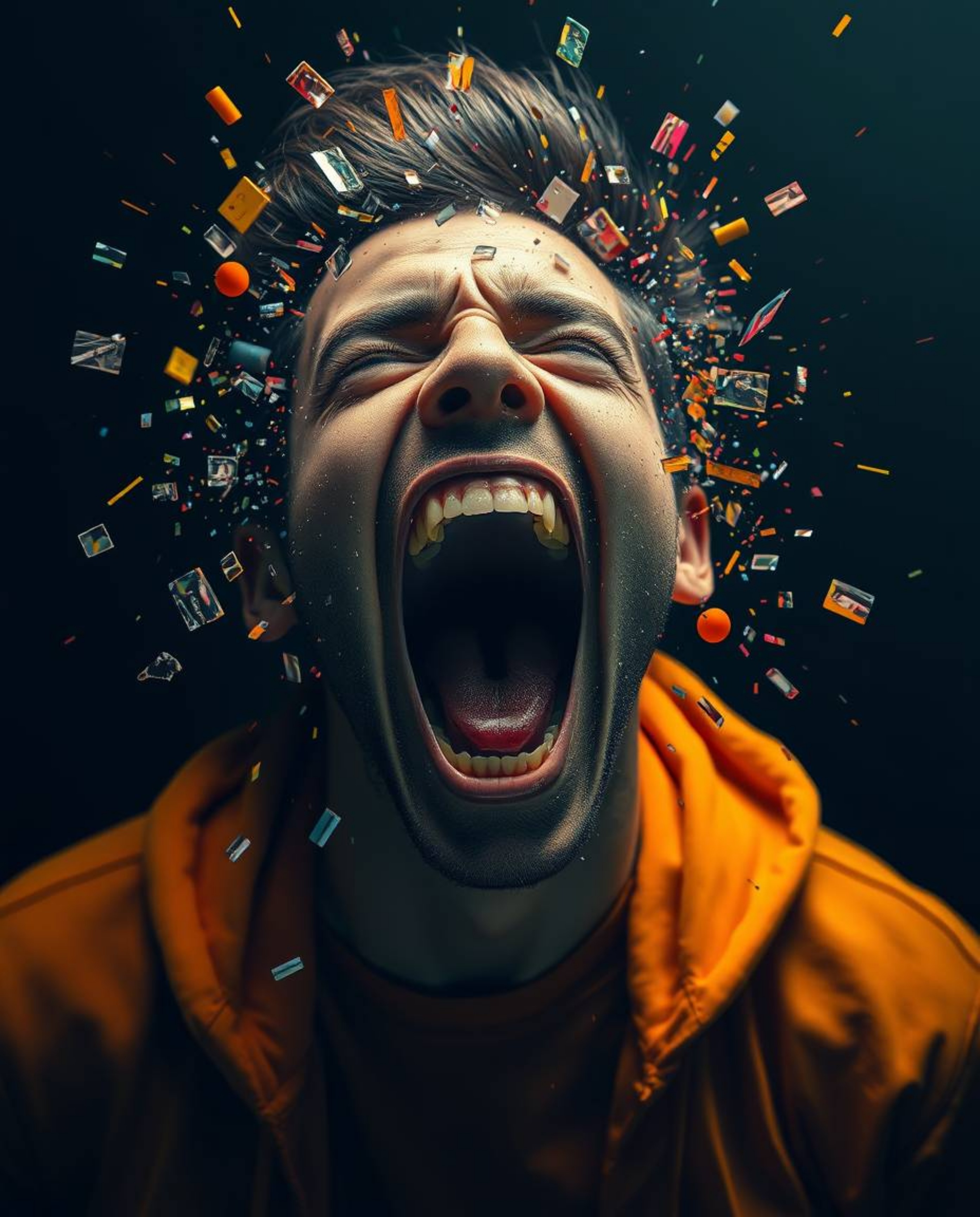 A captivating digital artwork portraying a person's visceral reaction to their world dissolving into vibrant pixels.  The ima