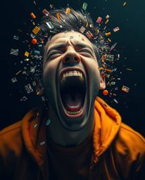 A captivating digital artwork portraying a person's visceral reaction to their world dissolving into vibrant pixels.  The ima