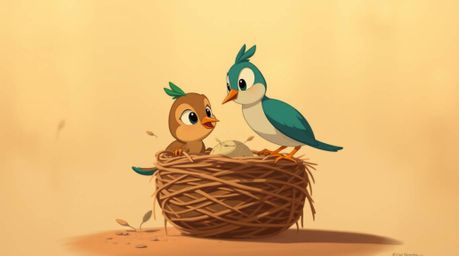 A charming animation depicting two cartoon birds constructing a nest.  Rendered in a classic animation style with a soft cine