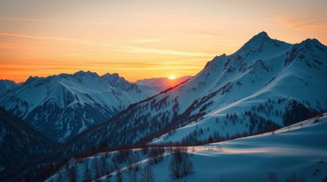 Experience the serene beauty of snow-covered mountains bathed in the warm glow of a pastel sunset.  This breathtaking autumna