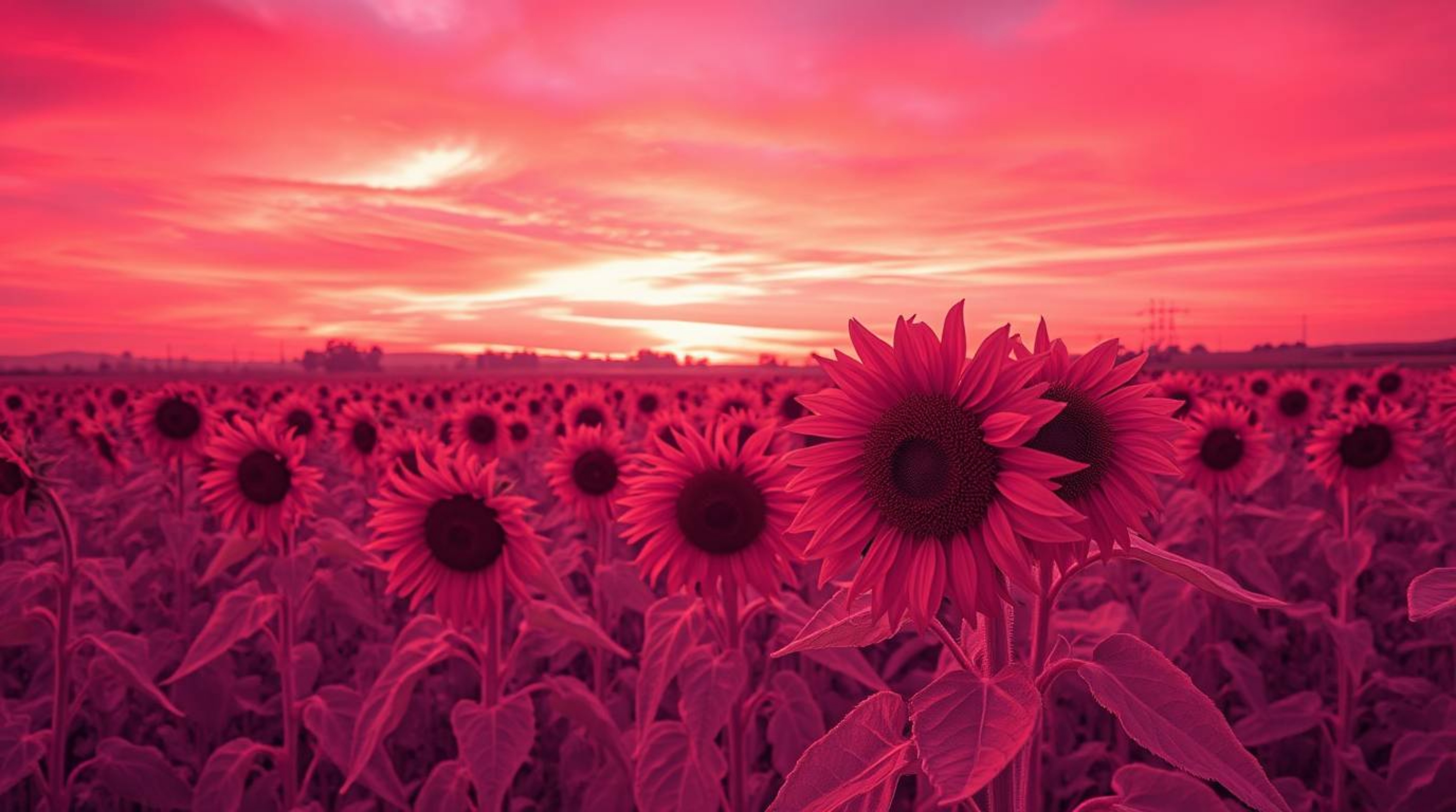 Explore the mesmerizing beauty of a sunflower field bathed in surreal infrared tones under a deep red and purple sky.  The so
