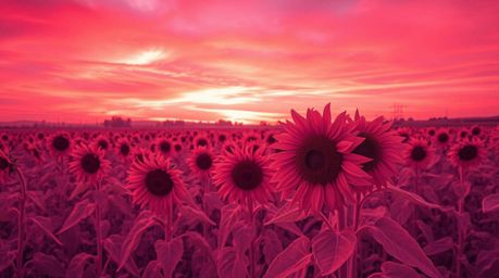 Explore the mesmerizing beauty of a sunflower field bathed in surreal infrared tones under a deep red and purple sky.  The so