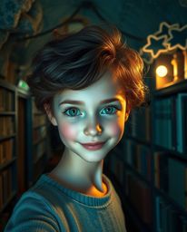 A person with charming features discovers a hidden underground library bathed in gentle, soft light and rich, deep teal hues.